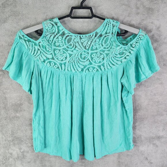 Women's A.N.A Turquoise Lace Yoke Top Blouse Short Sleeve Round Neck Size L - Picture 8 of 11